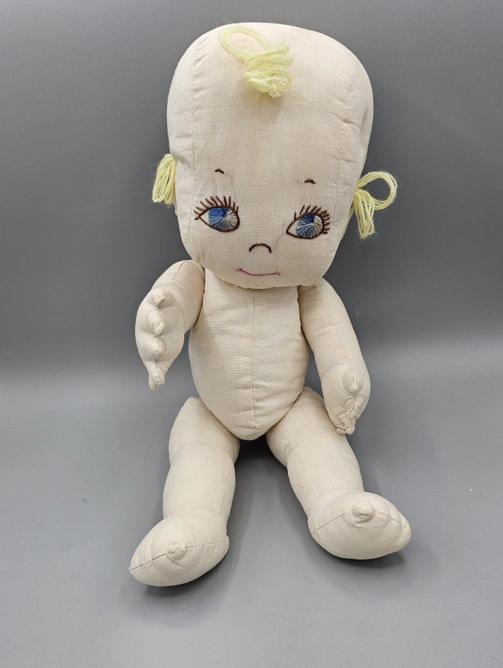 Vtg Cloth Baby Rag Doll Primitive Folk Art Depression Blonde Blue Eyee Jointed